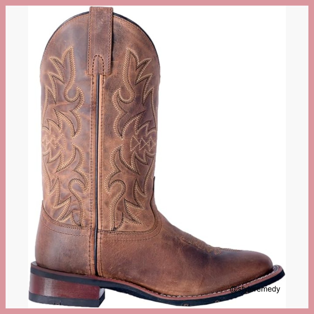 Distressed Leather Mid Calf Boots With Embroidered Square Toe Casual